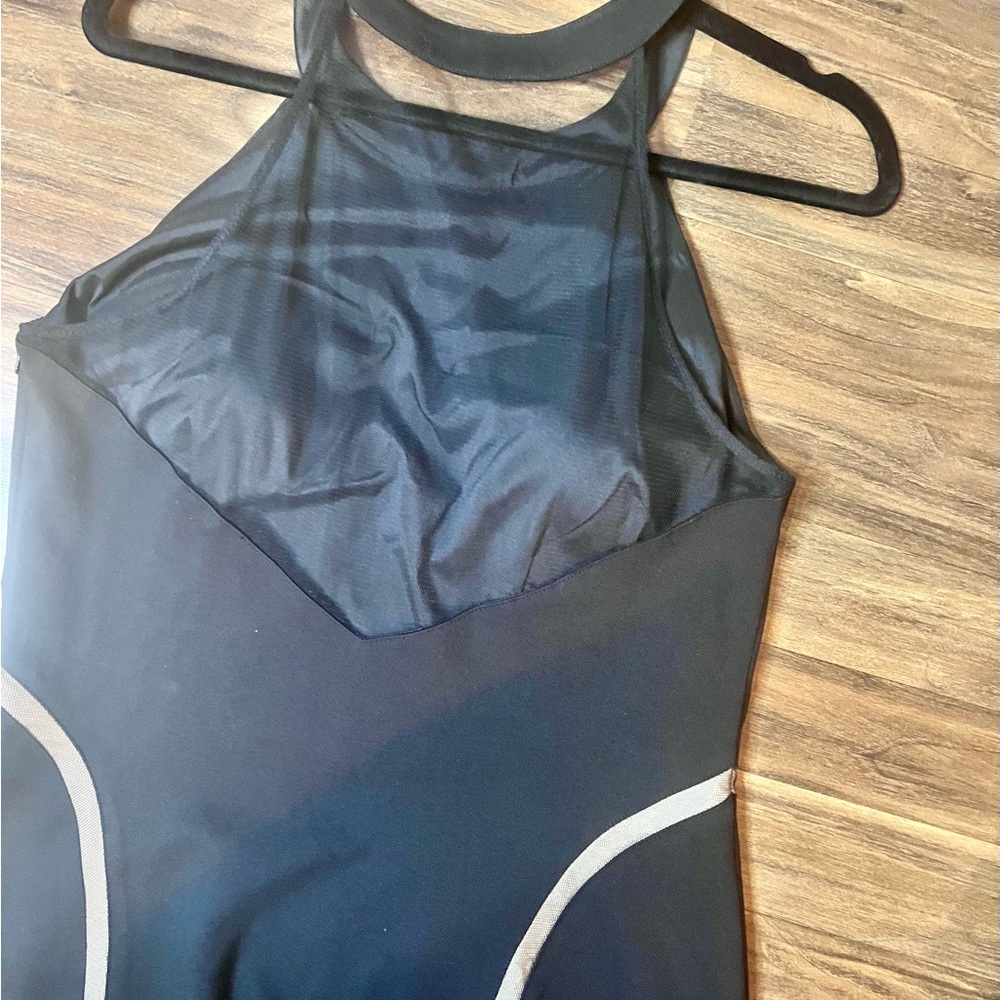 Aidan Mattox Black Midi Dress with sheer panel Trim - Picture 6 of 9